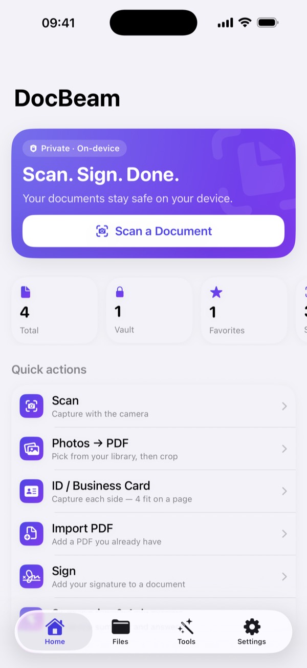 Home screen with scan, photos to PDF and ID card actions