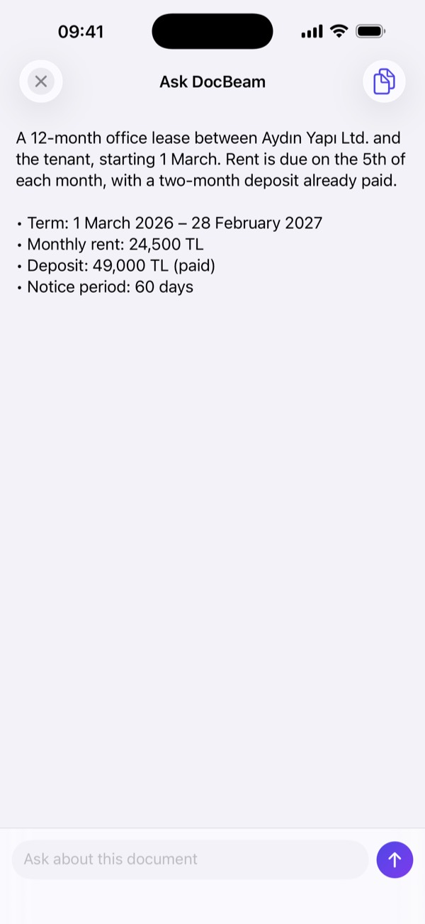 On-device AI summarizing a scanned document