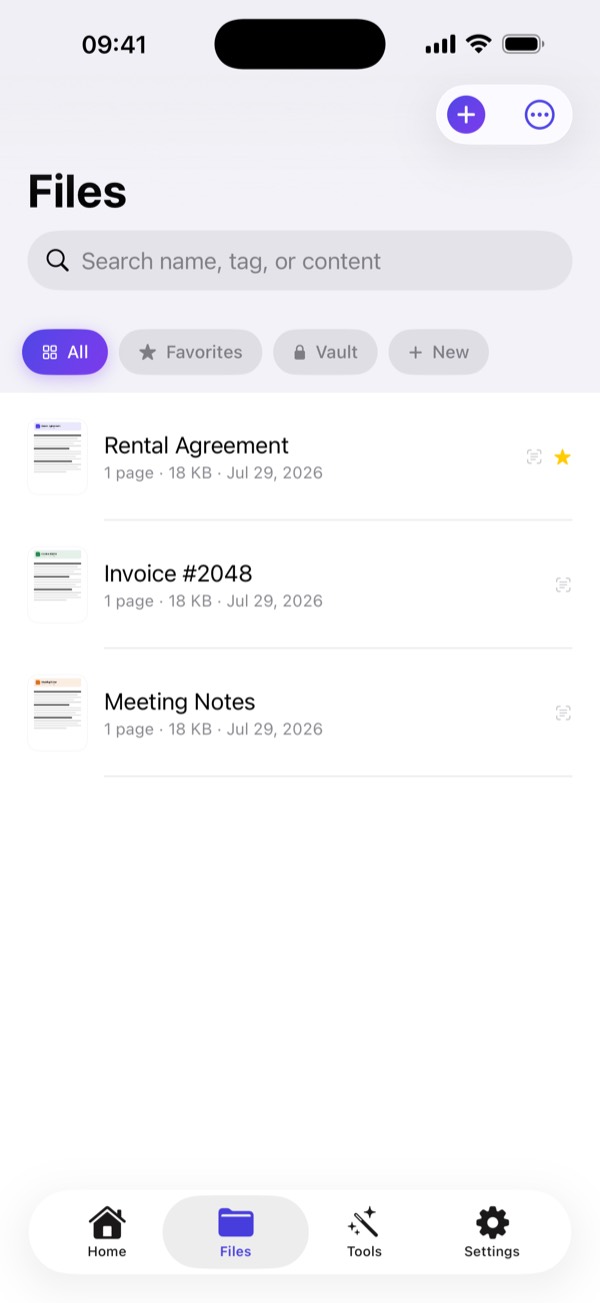 Document library with search and Face ID vault